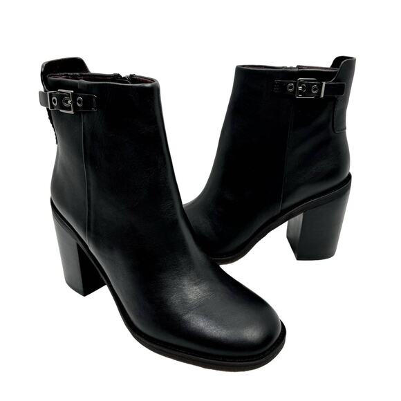 NEW Franco Sarto Rivet Black Leather Zip Up Chunky Block Heel Bootie Ankle Boot - Picture 2 of 14